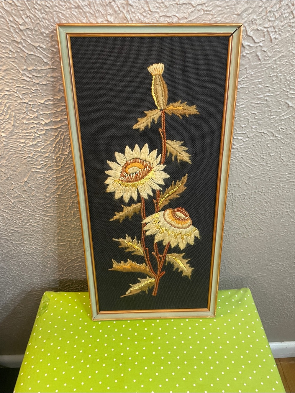 Framed Embroidered Sunflower Panel - Beige on Black